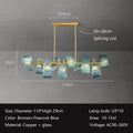 A modern chandelier featuring twisted glass elements in peacock blue and bronze, with dimensions and specifications provided below, including size, color, material, lamp bulb type, area range, and voltage.