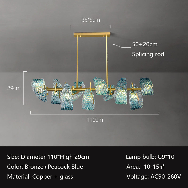 A modern chandelier featuring twisted glass elements in peacock blue and bronze, with dimensions and specifications provided below, including size, color, material, lamp bulb type, area range, and voltage.