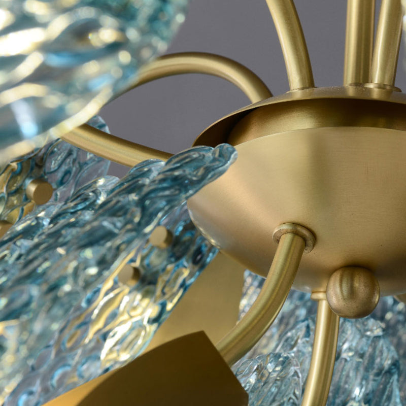 An elegant blue and gold chandelier with measurements, showcasing its luxurious design and craftsmanship.