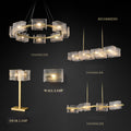 A collection of modern lighting fixtures including chandeliers, a desk lamp, and a wall lamp against a dark background.