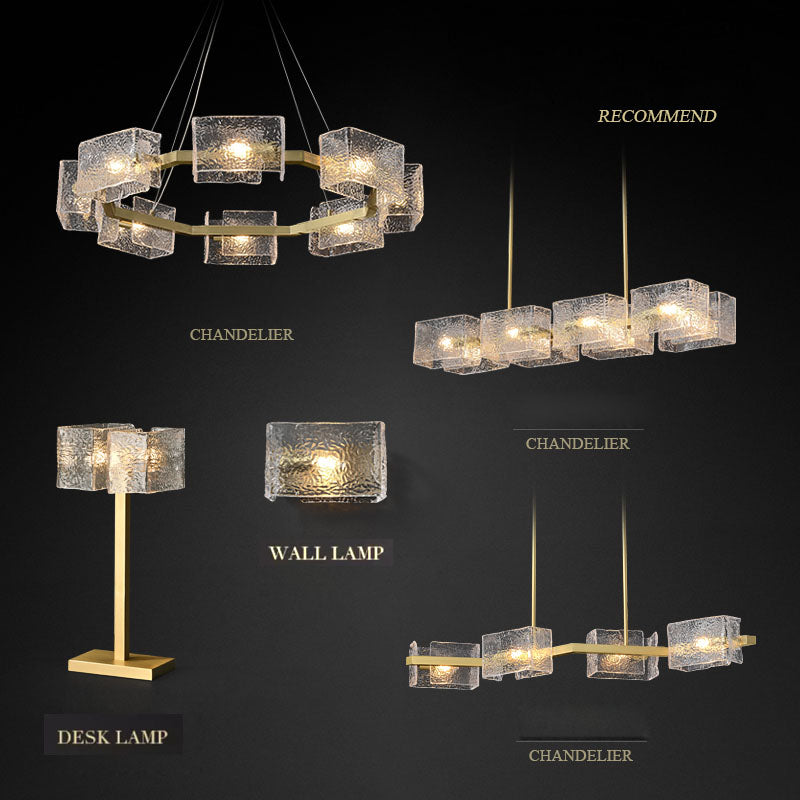 A collection of modern lighting fixtures including chandeliers, a desk lamp, and a wall lamp against a dark background.