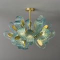 A blue and gold chandelier displayed with measurements, highlighting its elegant design and intricate details.