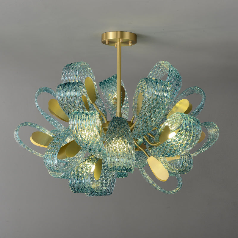 A blue and gold chandelier displayed with measurements, highlighting its elegant design and intricate details.