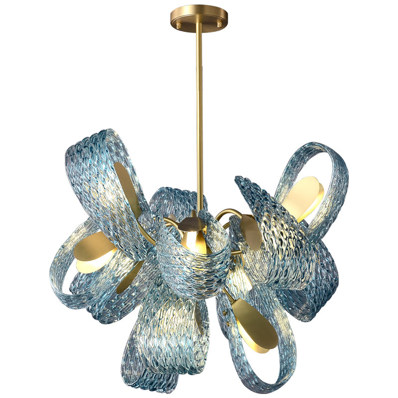 A blue glass chandelier adorned with elegant gold accents, showcasing a blend of color and sophistication.