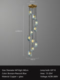 Elegant chandelier with teardrop glass shades and bronze fixtures, dimensions labeled, on a grey backdrop.