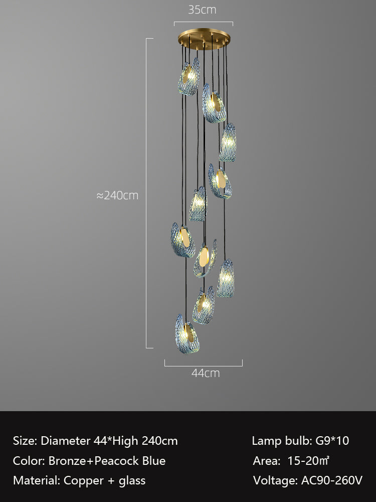 Elegant chandelier with teardrop glass shades and bronze fixtures, dimensions labeled, on a grey backdrop.