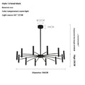 Technical illustration of a 12-head black iron chandelier with dimensions and specifications.