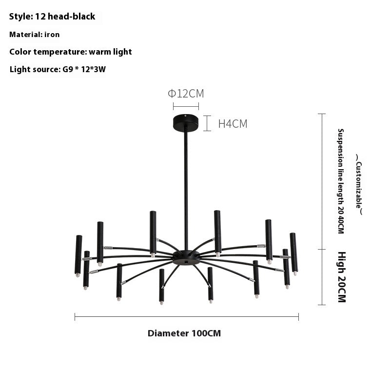 Technical illustration of a 12-head black iron chandelier with dimensions and specifications.