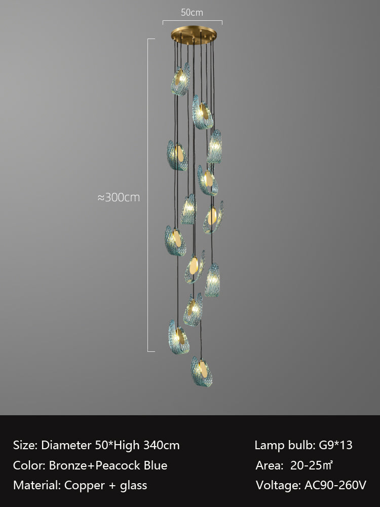 A luxurious multi-head pendant light with a diameter of 50cm and a total height of 340cm, suitable for spaces measuring 20-25㎡. The fixture features bronze and peacock blue glass materials, with a design of layered hanging light bodies. Each glass shade houses a G9 bulb, with a total of 13 light sources. The lamp exudes an elegant and sophisticated ambiance, supporting a voltage range of AC90-260V. Perfect for decorating and illuminating high-ceiling spaces like living rooms, staircases, or hotel lobbies.