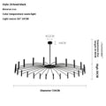 Technical drawing of a 24-head black iron chandelier with dimensions and specifications.