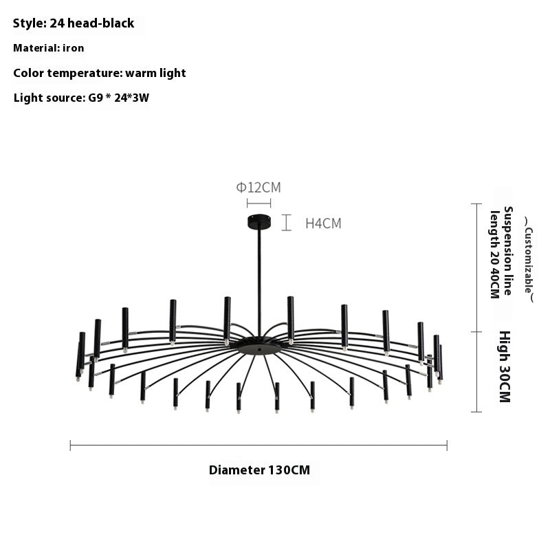 Technical drawing of a 24-head black iron chandelier with dimensions and specifications.