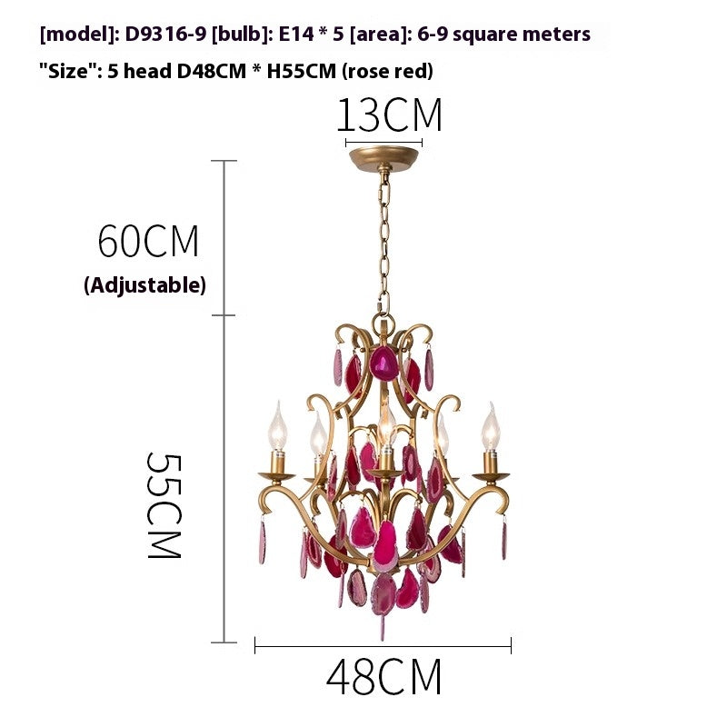 A detailed illustration of a chandelier featuring elegant red glass, showcasing its intricate dimensions and design.