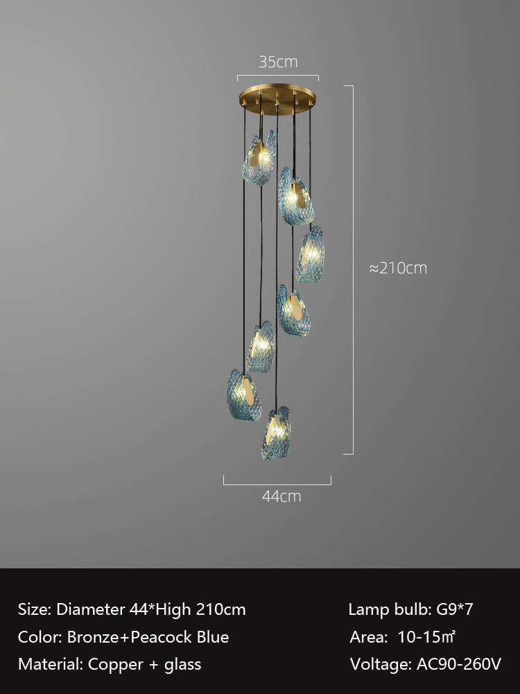 Modern bronze and peacock blue pendant light with glass shades and measurements displayed.