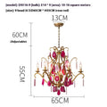 A visual representation of a chandelier with red glass, emphasizing its dimensions and exquisite design elements.