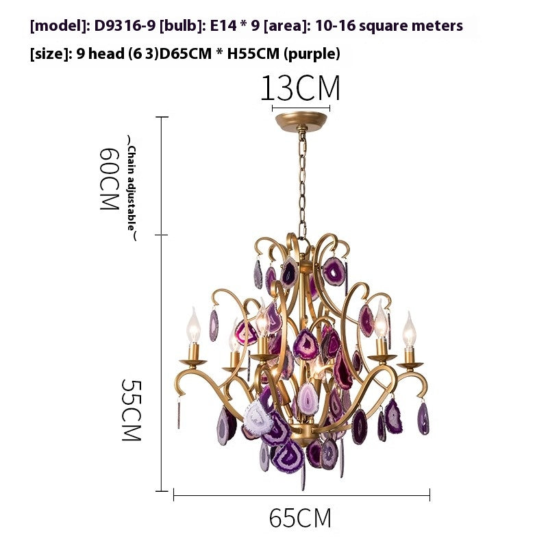 A purple glass chandelier displayed with measurements, highlighting its elegant design and intricate details.