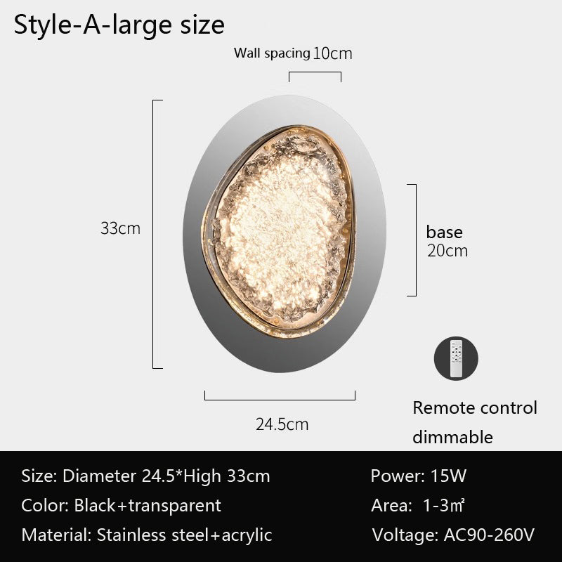 The wall lamps for bedroom are modern oval-shaped acrylic lights, 33 cm high and 24.5 cm wide, featuring a sleek black and transparent design. They are energy-efficient LED lights with dimming at 15W for areas of 1-3㎡, offer smart dimming via remote control, and require AC90-260V.