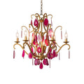 A stunning chandelier adorned with delicate pink crystals, elegantly suspended from the ceiling, illuminating the space below.