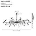 Black iron chandelier with multiple arms and warm light, dimensions indicated, on a white background.
