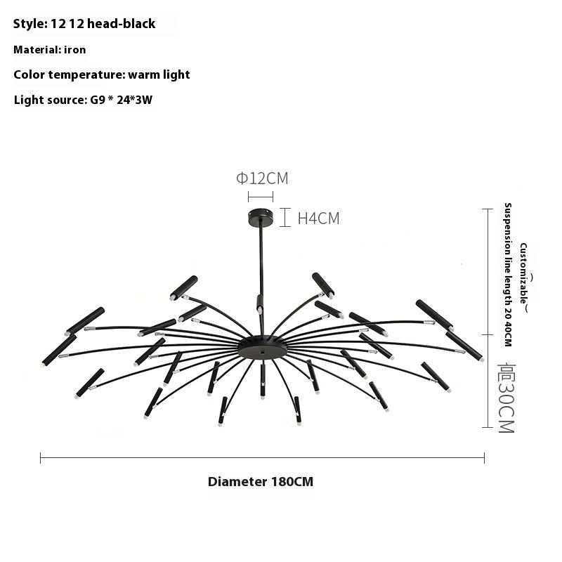 Black iron chandelier with multiple arms and warm light, dimensions indicated, on a white background.