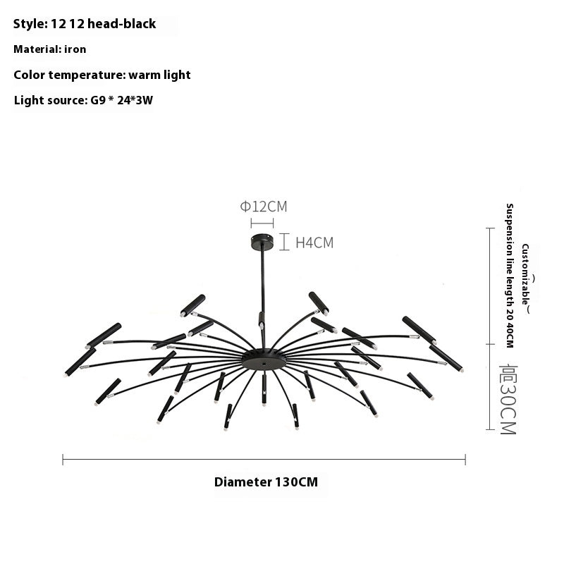 A black iron 12-arm chandelier with specs: warm light, 130cm diameter, customizable length.