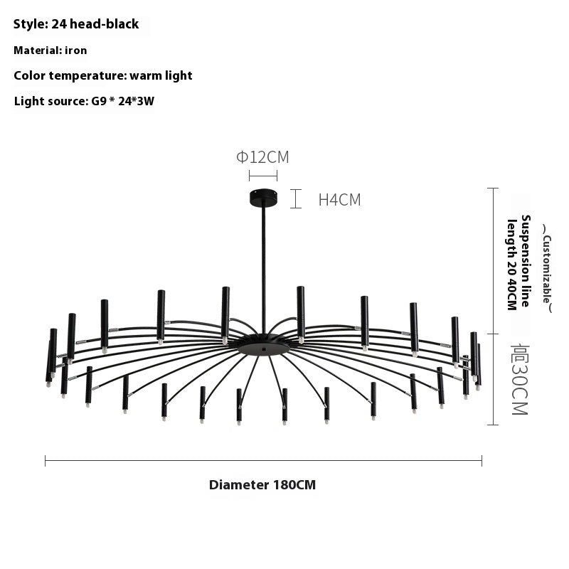 "Diagram of a 24-head black chandelier with dimensions and specifications labeled, featuring warm light iron material."