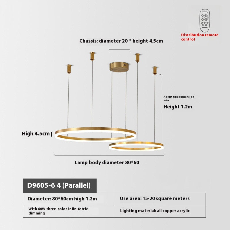 Modern double-ring pendant light with adjustable wires and remote control details.