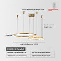 Modern two-tiered circular LED chandelier with specifications and remote control icon.