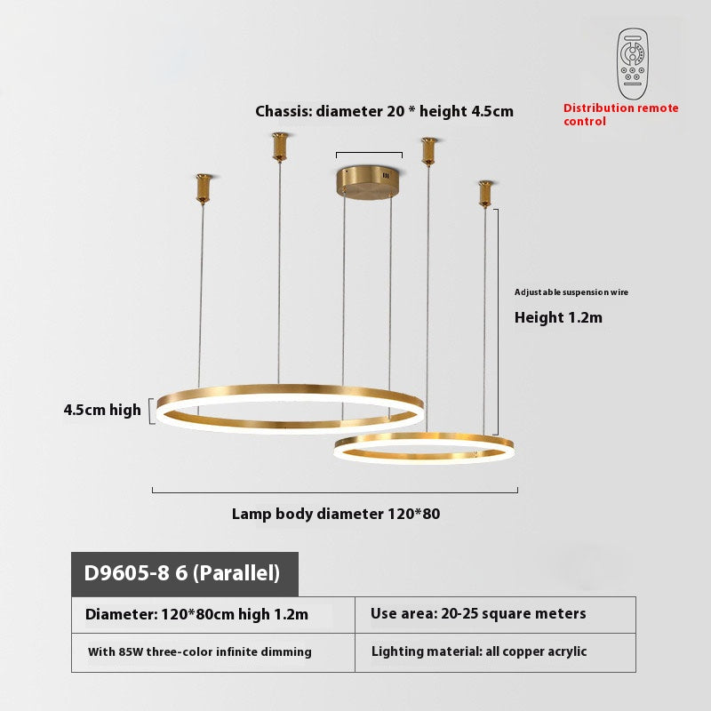 Modern two-tiered circular LED chandelier with specifications and remote control icon.