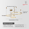 Modern circular LED chandelier with adjustable suspension, gold finish, and remote control feature.