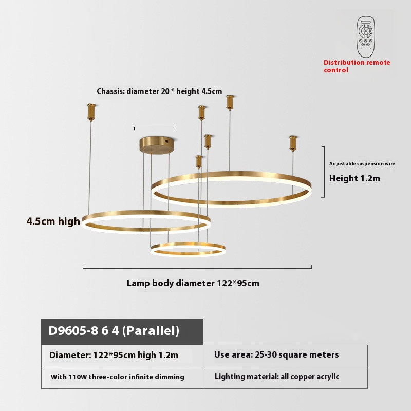 Modern circular LED chandelier with adjustable suspension, gold finish, and remote control feature.