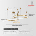 Modern circular LED chandelier with adjustable suspension wires and a remote control, showcasing dimensions and features.