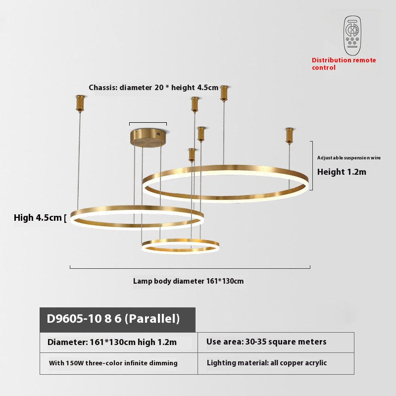 Modern circular LED chandelier with adjustable suspension wires and a remote control, showcasing dimensions and features.