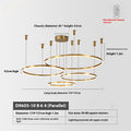 Modern chandelier with adjustable height, featuring three concentric gold rings and a remote control.