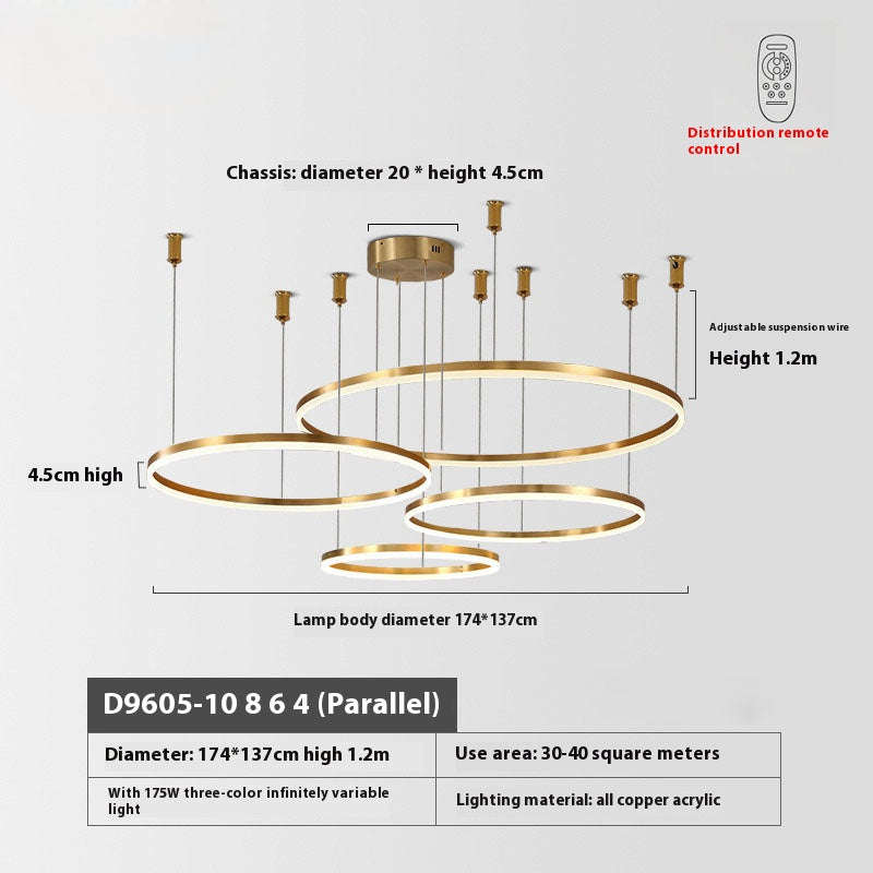 Modern chandelier with adjustable height, featuring three concentric gold rings and a remote control.