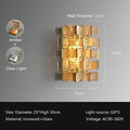 The Chandelier Series features a modern, wall-mounted design with amber and clear glass rectangles, measuring 30cm high, 25cm wide, and extending 15cm from the wall. It uses G9 light sources, crafted from iron and glass, operating on AC90-260V for versatile placement.