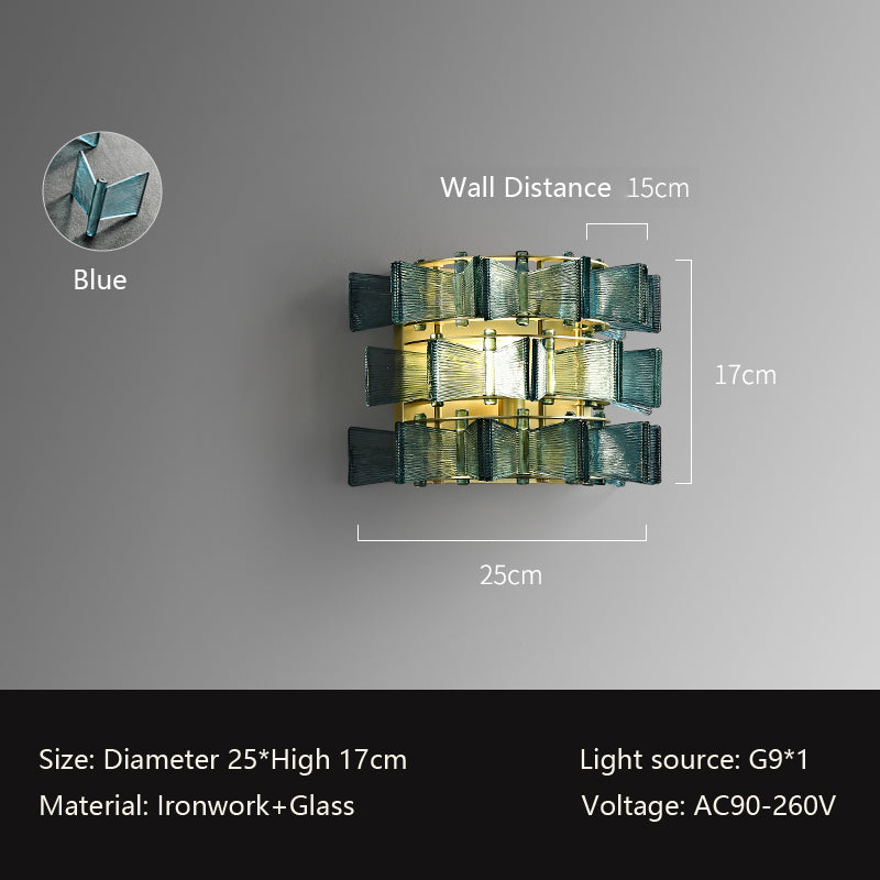 The Chandelier Series features a modern wall-mounted design with blue and gold elements, measuring 25cm in diameter and 17cm in height. Crafted from ironwork and glass, it extends 15cm from the wall. Light source: G9*1. Voltage: AC90-260V.