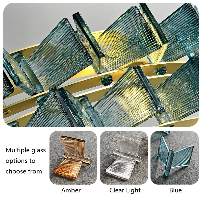 Close-up of Chandelier Series featuring decorative glass pieces in amber, clear light, and blue on a zigzag gold frame. Main image shows pendant lights; smaller images display color options—Amber, Clear Light, Blue—for this modern lighting with adjustable height.