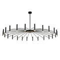 Modern circular chandelier with radiating black arms and illuminated ends against a white background.