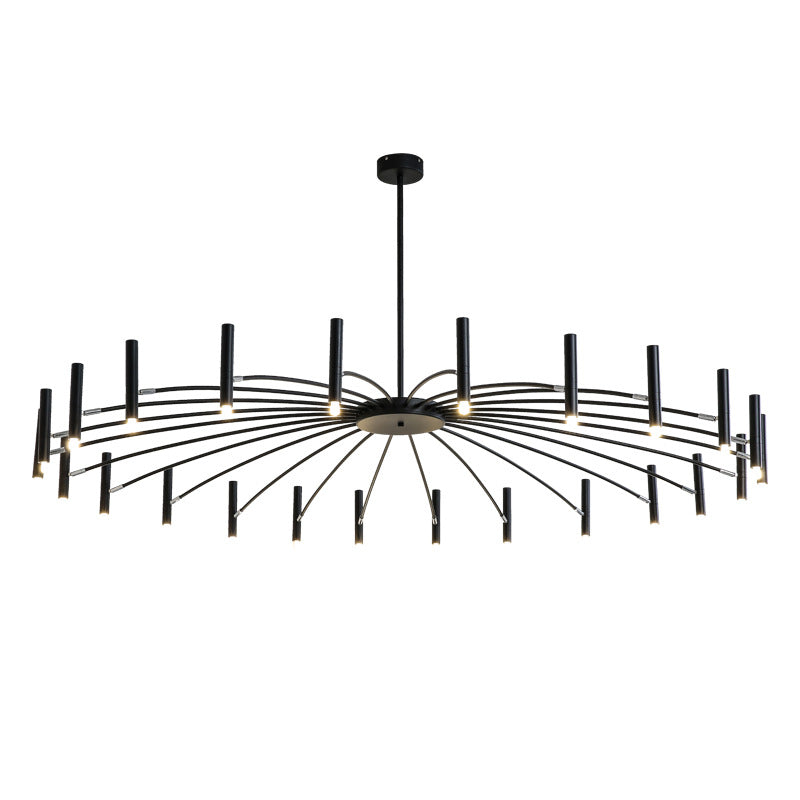 Modern circular chandelier with radiating black arms and illuminated ends against a white background.