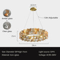The Chandelier Series is a modern lighting fixture with amber and clear glass in a circular pattern. It features adjustable height on a 1.8m wire, a 58cm diameter, 15cm height, and uses six G9 bulbs. Crafted from iron and glass, its perfect for AC90-260V settings.