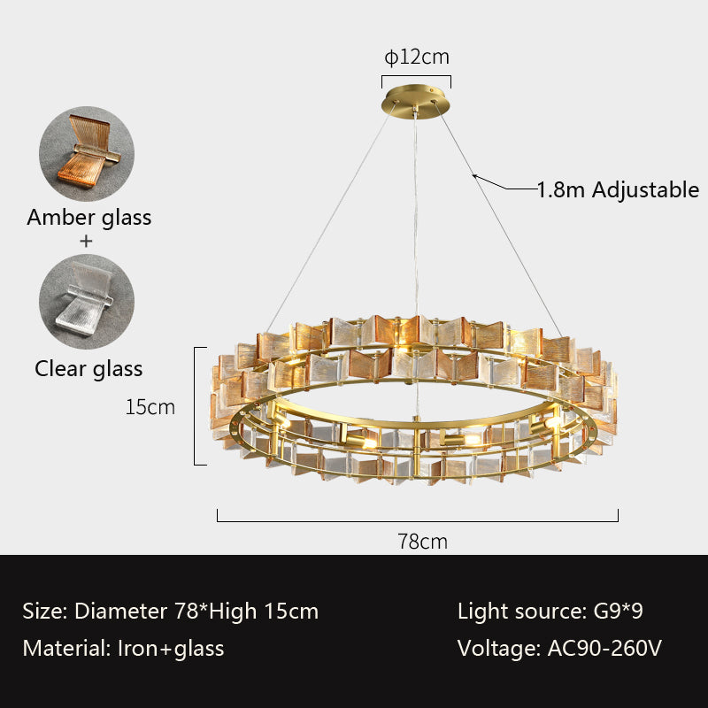 The Chandelier Series offers a stunning glass pendant light with a circular design, featuring amber and clear glass elements. It has a 78cm diameter, 15cm height, and an adjustable 1.8m cable. Made of iron and glass, it uses G9*9 light sources and operates on AC90-260V.