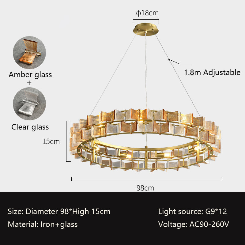 The Chandelier Series offers a circular design with modern lighting, amber and clear glass accents, adjustable height to 1.8m, 18cm ceiling mount, 98cm diameter, and 15cm height. Crafted from iron and glass, it uses 12 G9 bulbs on AC90-260V.