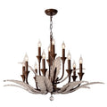 Elegant chandelier with bronze metal accents, candle-style lights, and decorative glass leaves, suspended from a chain.