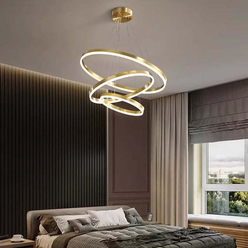 Stylish chandelier composed of two rings, elegantly suspended from the ceiling, providing a modern lighting solution.