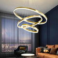 A contemporary chandelier featuring two elegant rings suspended from the ceiling, illuminating the space below.