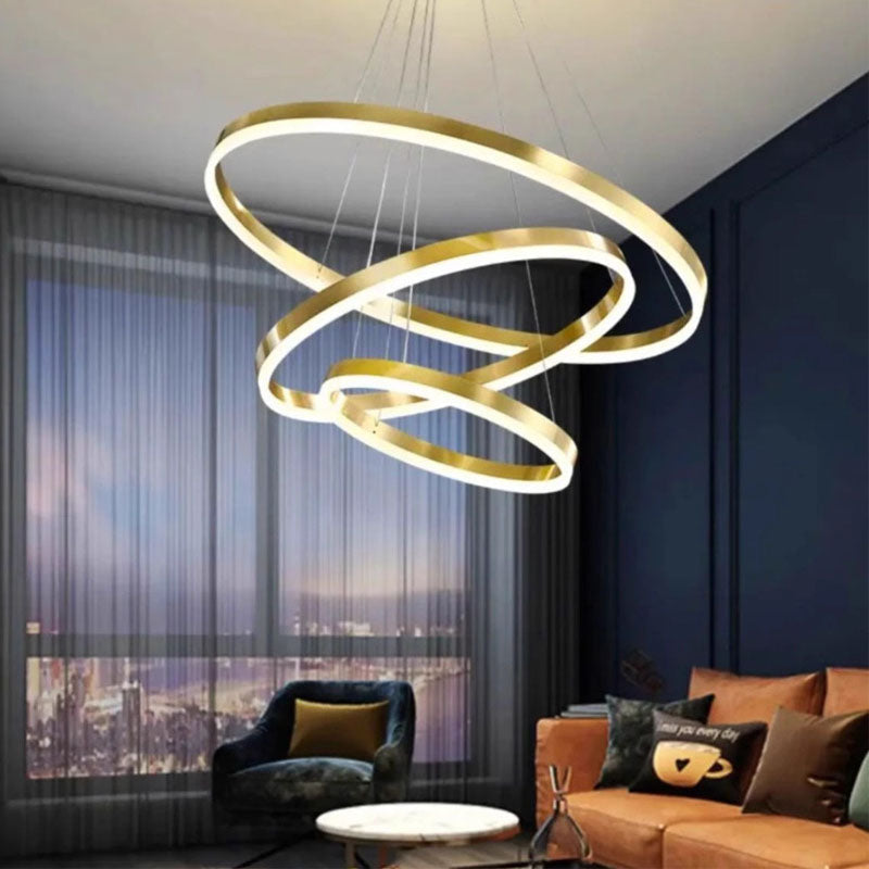 A contemporary chandelier featuring two elegant rings suspended from the ceiling, illuminating the space below.