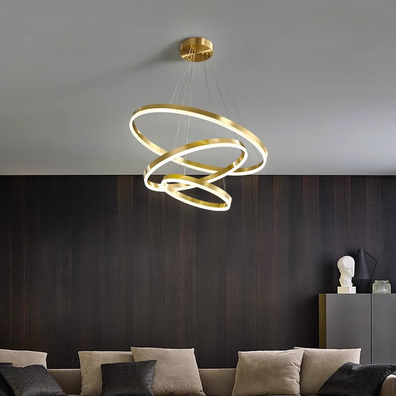 Contemporary ceiling chandelier with two rings, creating a striking visual effect and brightening the surrounding area.