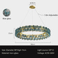 The Chandelier Series is a modern glass pendant light with blue glass panels and a gold frame, measuring 98 cm in diameter and 15 cm high, adjustable to 1.8 m. It utilizes G9 bulbs with an AC90-260V voltage and features iron and glass construction for an elegant touch.
