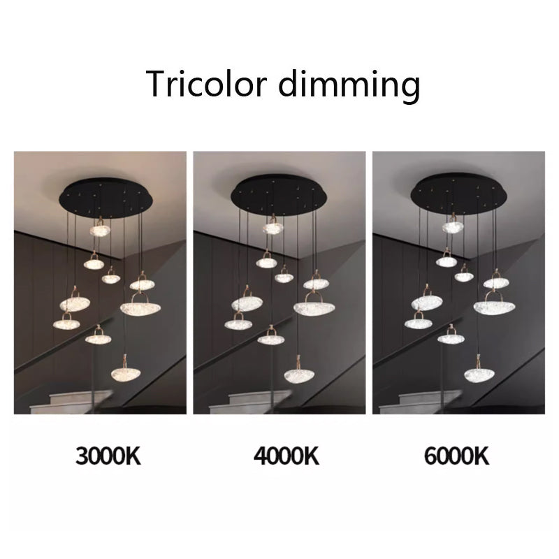 Three images of a chandelier with lights at varying temperatures: 3000K, 4000K, and 6000K, illustrating tricolor dimming.