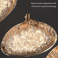 Illuminated gold-colored textured lampshade with a crystal-like appearance.